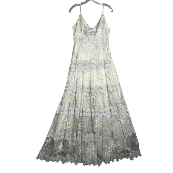 Anthropologie BHLDN Maxi Dress 4 Sage Green Silk Tiered Lace Romantic Ethereal - Picture 2 of 16